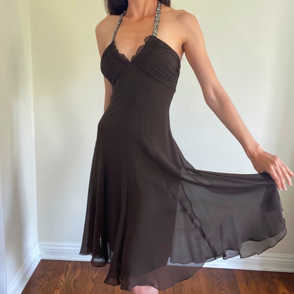 BCBG MAX AZRIA Chiffon Sequin Halter Dress, Brown - Picture 2 of 10